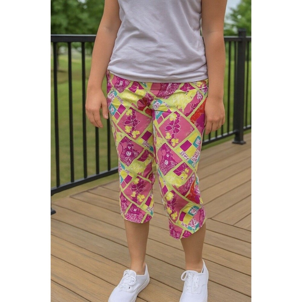 VTG Lilly Pulitzer Hula Monkey Patchwork Capri Pants Womens MS Pink Yellow Y2K